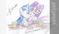 Size: 1010x589 | Tagged: safe, artist:jcosneverexisted, shining armor, twilight sparkle, alicorn, pony, g4, blushing, do not want, drunk, eye contact, female, frown, hug, imminent kissing, incest, male, mare, one sided shipping, open mouth, ship:shiningsparkle, shipping, straight, twilight sparkle (alicorn), watermark