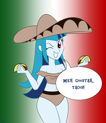 Size: 1800x2100 | Tagged: safe, artist:mofetafrombrooklyn, sonata dusk, equestria girls, g4, alternate hairstyle, belly button, cute, female, loose hair, mexico, midriff, solo, sombrero, sonatabetes, sonataco, taco, that girl sure loves tacos, that siren sure does love tacos, wide hips