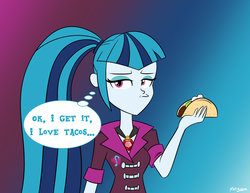 Size: 1706x1316 | Tagged: safe, artist:mofetafrombrooklyn, sonata dusk, equestria girls, g4, female, solo, sonataco, taco, that girl sure loves tacos, that siren sure does love tacos, unamused
