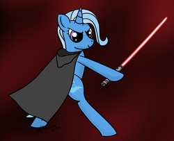 Size: 921x748 | Tagged: safe, artist:waterlooart, trixie, pony, g4, bipedal, cloak, clothes, lightsaber, star wars