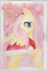 Size: 476x700 | Tagged: dead source, safe, artist:trefleix, fluttershy, reindeer, g4, antlers, blushing, clothes, cute, female, raised hoof, solo, traditional art, watercolor painting