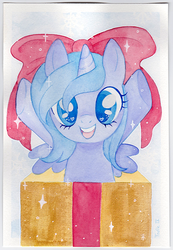 Size: 484x700 | Tagged: safe, artist:trefleix, princess luna, pony, g4, female, filly, happy, pony in a box, solo, traditional art, watercolor painting, woona