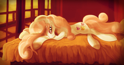 Size: 1504x792 | Tagged: safe, artist:pedrohander, fleur-de-lis, pony, unicorn, g4, bed, bedroom, bedroom eyes, female, looking at you, prone, smiling, solo, sunset
