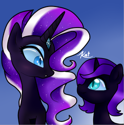 Size: 800x802 | Tagged: safe, artist:kayak94, nightmare rarity, oc, oc:nyx, pony, g4, :o, duo, smiling, surprised, wide eyes