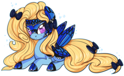 Size: 831x511 | Tagged: dead source, safe, artist:suzuii, oc, oc only, oc:blue peleide, butterfly, butterfly pony, original species, pony, bow, butterfly wings, prone, simple background, solo, tail bow, transparent background