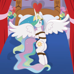 Size: 1024x1023 | Tagged: safe, artist:radiantrealm, princess celestia, alicorn, pony, g4, bed, belly button, bondage, cloth gag, female, gag, mare, rope, show accurate, solo