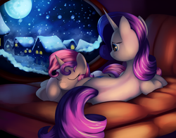 Size: 4200x3300 | Tagged: safe, artist:grennadder, rarity, sweetie belle, g4, cuddling, duo, female, filly, foal, mare, night, sisters, sleeping, smiling, snow, snowfall, snuggling, spine, winter