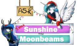 Size: 830x493 | Tagged: safe, artist:anticular, princess celestia, princess luna, alicorn, pony, reindeer, ask sunshine and moonbeams, g4, animated, antlers, banner, christmas, christmas lights, duo, duo female, fake antlers, female, hat, mare, open mouth, santa hat, spread wings, tumblr