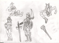 Size: 2337x1699 | Tagged: safe, artist:alexandryuz, fluttershy, oc, oc:alicia walker, oc:coliseo rossi, g4, armor, sketch, sword