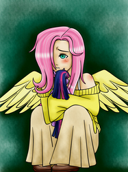 Size: 2336x3115 | Tagged: safe, artist:shiko-k, fluttershy, twilight sparkle, human, g4, clothes, high res, humanized, off shoulder, sweater, sweatershy, winged humanization