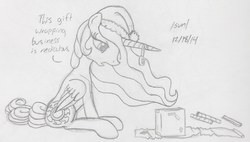 Size: 1150x654 | Tagged: safe, artist:slash-sun-slash, princess celestia, g4, celestiadoodle, dialogue, female, hat, monochrome, santa hat, sitting, solo, tape, traditional art, wrapping, wrapping paper