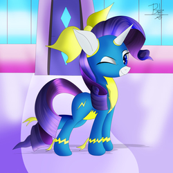 Size: 3000x3000 | Tagged: dead source, safe, artist:mrbrunoh1, rarity, pony, unicorn, g4, female, high res, one eye closed, solo, wink, wonderbolts uniform