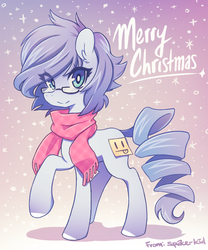 Size: 663x795 | Tagged: safe, artist:jopiter, oc, oc only, oc:celty, earth pony, pony, :>, :p, adorkable, blank flank, clothes, cute, dork, ear fluff, female, glasses, happy, looking at you, mare, meganekko, merry christmas, raised hoof, scarf, short mane, smiling, snow, solo, sticky note, tongue out