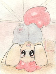 Size: 675x879 | Tagged: safe, artist:slightlyshade, apple bloom, g4, adorabloom, clothes, cute, female, jeans, looking between legs, solo, traditional art