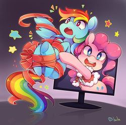 Size: 2043x2028 | Tagged: safe, artist:huaineko, pinkie pie, rainbow dash, earth pony, pegasus, pony, g4, clothes, female, fourth wall, gift wrapped, high res, looking at you, mare, monitor, open mouth, pixiv, ribbon, smiling, surprised, underhoof, white pupils, wide eyes