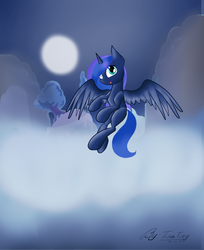 Size: 3600x4405 | Tagged: safe, artist:tinatsoy, princess luna, g4, blank flank, female, filly, flying, moon, night, solo, woona