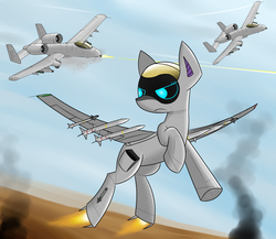 Size: 1280x1113 | Tagged: safe, artist:pandramodo, artist:pj-nsfw, oc, oc only, oc:airpon, original species, plane pony, pony, a-10 thunderbolt ii, awesome, brrrrt, contrail, digital art, gau-8, horizon, looking at something, looking down, missile, overwatch, plane, sky, smoke, tracer, underhoof
