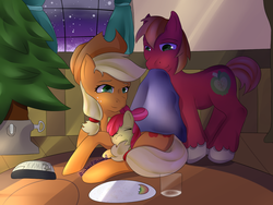 Size: 1200x900 | Tagged: safe, artist:wolfbaloo, apple bloom, applejack, big macintosh, earth pony, pony, g4, apple siblings, blanket, christmas tree, male, prone, sleeping, snuggling, stallion, tree