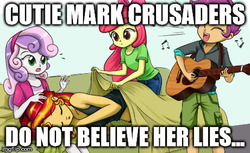 Size: 460x282 | Tagged: safe, artist:twilite-sparkleplz, edit, apple bloom, scootaloo, sunset shimmer, sweetie belle, equestria girls, g4, caption, clothes, cutie mark crusaders, don't believe her lies, image macro, meta, skirt, text