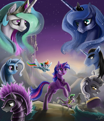 Size: 3456x4032 | Tagged: safe, artist:silfoe, princess celestia, princess luna, rainbow dash, spike, trixie, twilight sparkle, oc, pony, unicorn, g4, armor, canterlot, commission, fanfic art, female, flying, frown, glare, gritted teeth, mare, nose wrinkle, open mouth, running, sad, smiling, spread wings, underhoof