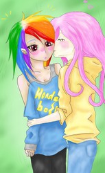 Size: 733x1200 | Tagged: safe, artist:baka-tenshii, fluttershy, rainbow dash, human, g4, assertive, female, humanized, lesbian, ship:flutterdash, shipping