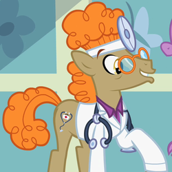 Size: 550x550 | Tagged: safe, screencap, doctor muffin top, spike, dragon, earth pony, pony, g4, secret of my excess, clothes, doctor, glasses, head mirror, male, offscreen character, solo, stallion, stethoscope, teenage spike, teenaged dragon, teenager