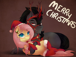 Size: 4000x3000 | Tagged: safe, artist:evehly, fluttershy, king sombra, pegasus, pony, unicorn, g4, antlers, christmas, clothes, female, high res, holly, male, ship:sombrashy, shipping, socks, straight