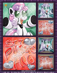 Size: 623x800 | Tagged: safe, artist:1trick, sweetie belle, pony, robot, robot pony, unicorn, friendship is witchcraft, g4, advertisement, female, filly, foal, hooves, horn, merchandise, open mouth, pillowcase, set phasers to hug, solo, sweetie bot, text
