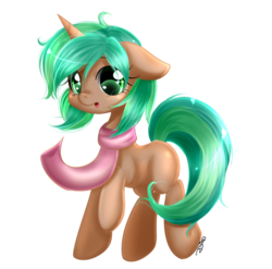 Size: 899x889 | Tagged: safe, artist:mrsremi, oc, oc only, pony, unicorn, :o, blank flank, clothes, commission, cute, female, floppy ears, green mane, looking at you, mare, raised hoof, scarf, simple background, solo, sparkly eyes, transparent background