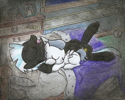 Size: 1002x801 | Tagged: safe, artist:islamilenaria, rumble, thunderlane, pegasus, pony, g4, bed, bedroom, brothers, cute, cutie mark, on back, open mouth, pillow, prone, sheet, sleeping, tail, traditional art, wings
