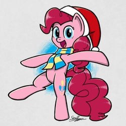 Size: 1000x1000 | Tagged: safe, artist:sheandog, part of a set, pinkie pie, earth pony, pony, g4, bipedal, clothes, female, hat, santa hat, scarf, solo