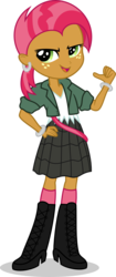 Size: 743x1762 | Tagged: safe, artist:punzil504, idw, babs seed, equestria girls, g4, adorababs, boots, clothes, cute, ear piercing, earring, equestria girls-ified, female, freckles, high heel boots, jewelry, legs, piercing, ponytail, shirt, shoes, simple background, skirt, socks, solo, transparent background, vector, wristband