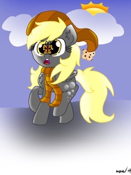 Size: 768x1024 | Tagged: safe, derpy hooves, butterfly, pegasus, pony, g4, chest fluff, clothes, cloud, ear fluff, female, hat, mare, scarf, snow, sun, surprised