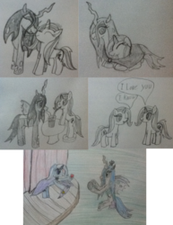Size: 1319x1709 | Tagged: safe, artist:lunashy21, queen chrysalis, trixie, pony, unicorn, g4, female, lesbian, mare, shipping, traditional art