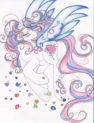 Size: 564x735 | Tagged: safe, artist:tearsofthunder, star catcher, butterfly, pegasus, pony, g3, bedroom eyes, blushing, cute, female, flying, heart, photo, solo