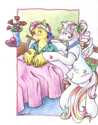 Size: 580x741 | Tagged: safe, artist:aubergine, tex, oc, pegasus, pony, g1, backwards thermometer, bed, big brother ponies, blushing, candy, canon x oc, flower, nurse, tail bow, thermometer, traditional art, unshorn fetlocks, valentine's day