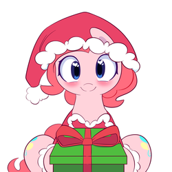 Size: 2000x2000 | Tagged: safe, artist:joyfulinsanity, pinkie pie, earth pony, pony, g4, blushing, cute, diapinkes, female, hat, heart eyes, high res, looking at you, present, santa hat, sitting, smiling, solo, wingding eyes