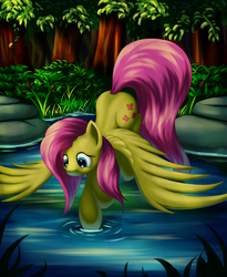 Size: 1650x2009 | Tagged: safe, artist:grennadder, fluttershy, g4, alternate hairstyle, female, forest, long tail, mare, reflection, solo, spread wings, tail, water
