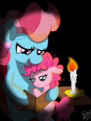Size: 1024x1365 | Tagged: safe, artist:emr0304, cup cake, pinkie pie, g4, bedtime story, candle, cute, fanfic art, filly, how a pie became a cake, reading, rocking chair, sleepy