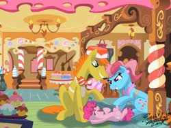 Size: 1024x768 | Tagged: safe, artist:emr0304, carrot cake, cup cake, pinkie pie, earth pony, pony, g4, bonding, evil smile, eyes closed, fanfic art, female, filly, filly pinkie pie, foal, grin, hoof tickling, how a pie became a cake, laughing, male, mare, messy mane, on back, open mouth, playing, sitting, smiling, smirk, stallion, sugarcube corner, tickle torture, tickling, younger