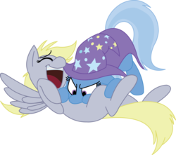 Size: 2801x2480 | Tagged: safe, artist:fluttershy750, artist:mickeymonster, derpy hooves, trixie, pegasus, pony, g4, female, high res, laughing, lesbian, mare, nose in the air, on back, raspberry, recolor, shipping, tickling, tripy, tummy buzz