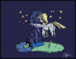Size: 1355x1043 | Tagged: safe, artist:dreamingnoctis, derpy hooves, princess luna, firefly (insect), pegasus, pony, g4, eyes closed, female, flying, lesbian, mare, s1 luna, ship:lunaderp, shipping, sitting, traditional art, underhoof