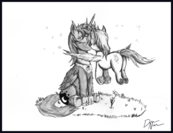 Size: 1355x1043 | Tagged: safe, artist:dreamingnoctis, derpy hooves, princess luna, firefly (insect), pegasus, pony, g4, eyes closed, female, flying, grayscale, lesbian, mare, monochrome, s1 luna, ship:lunaderp, shipping, sitting, traditional art, underhoof