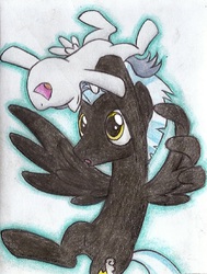 Size: 610x807 | Tagged: safe, artist:islamilenaria, rumble, thunderlane, pegasus, pony, g4, brothers, colt, cute, flying, male, playing, rumblebetes, simple background, stallion, traditional art, white background
