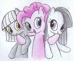 Size: 649x535 | Tagged: dead source, safe, artist:islamilenaria, limestone pie, marble pie, pinkie pie, g4, pie sisters, sisters, smiling, traditional art