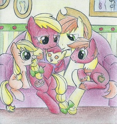 Size: 795x841 | Tagged: safe, artist:islamilenaria, apple bloom, applejack, big macintosh, earth pony, pony, g4, apple family, applejack's parents, couch, male, parent, sitting, stallion, traditional art, younger