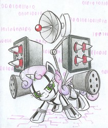 Size: 757x897 | Tagged: safe, artist:islamilenaria, sweetie belle, pony, robot, unicorn, friendship is witchcraft, g4, binary, female, filly, foal, gun, hooves, horn, radar, rocket launcher, smiling, solo, sweetie bot, traditional art, weapon