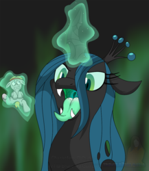 Size: 866x1000 | Tagged: safe, artist:trowelhands, queen chrysalis, oc, changeling, changeling queen, pony, g4, comic, female, imminent vore, levitation, magic, micro, telekinesis