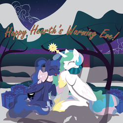 Size: 1600x1600 | Tagged: safe, artist:dr-whiskey, princess celestia, princess luna, g4, bow, clothes, eyes closed, hearth's warming, laughing, night, present, raised hoof, scarf, sitting, snow