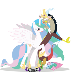 Size: 1216x1296 | Tagged: dead source, safe, artist:dr-whiskey, discord, princess celestia, g4, accessory swap, blushing, bouquet, female, flower, hug, kiss mark, lipstick, male, ship:dislestia, shipping, simple background, straight, transparent background
